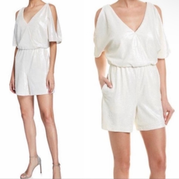 Aidan Mattox Pants - Aidan Mattox Ivory Sequin Short Sleeve Romper